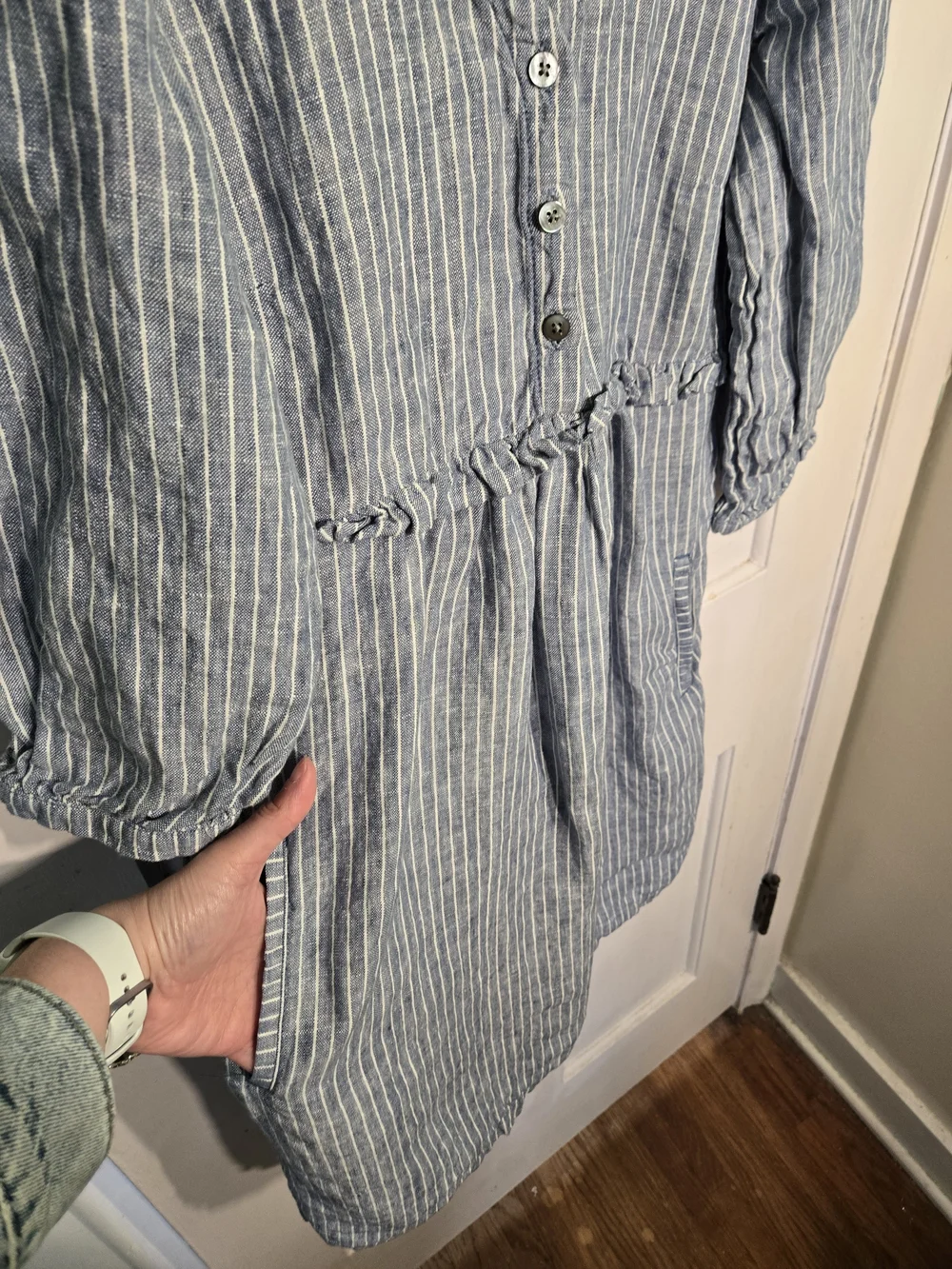 Garnet Hill Striped Blue Linen V-Neck Long Sleeve Dress Size 8 - Picture 6 of 7